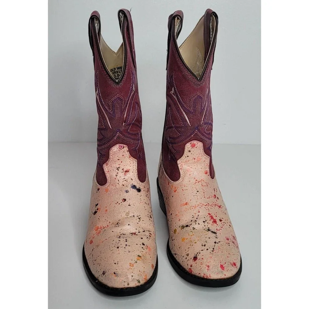 Old West Kids Girls Cowboy Boots Size 2.0 D‎ VR9129 Paint Splatter Pattern Pink